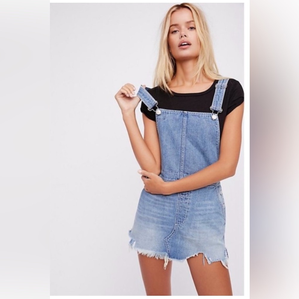 Free People Light Blue Denim Overall Mini Dress